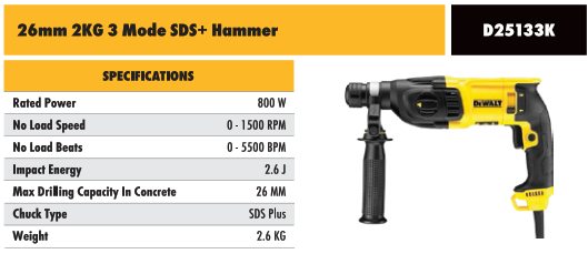 800W 26mm 2kg 2.6J 3 mode SDS+ hammer