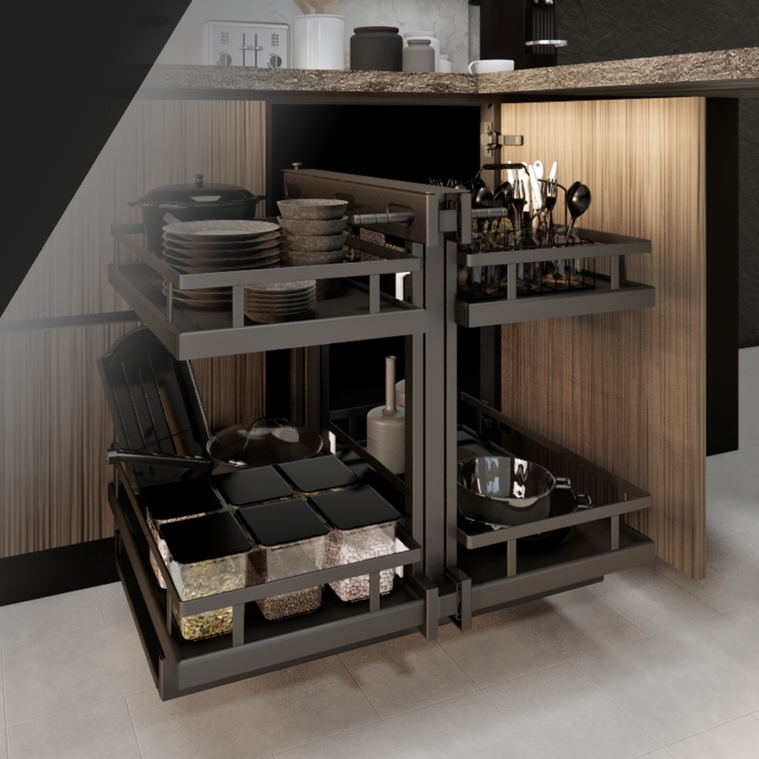 Angoli Morti Matte Black SUS304 Magic Slimline Pull Out Kitchen Basket System 2+2