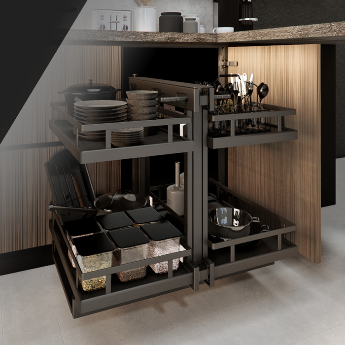 Angoli Morti Matte Black SUS304 Magic Slimline Pull Out Kitchen Basket System 2+2