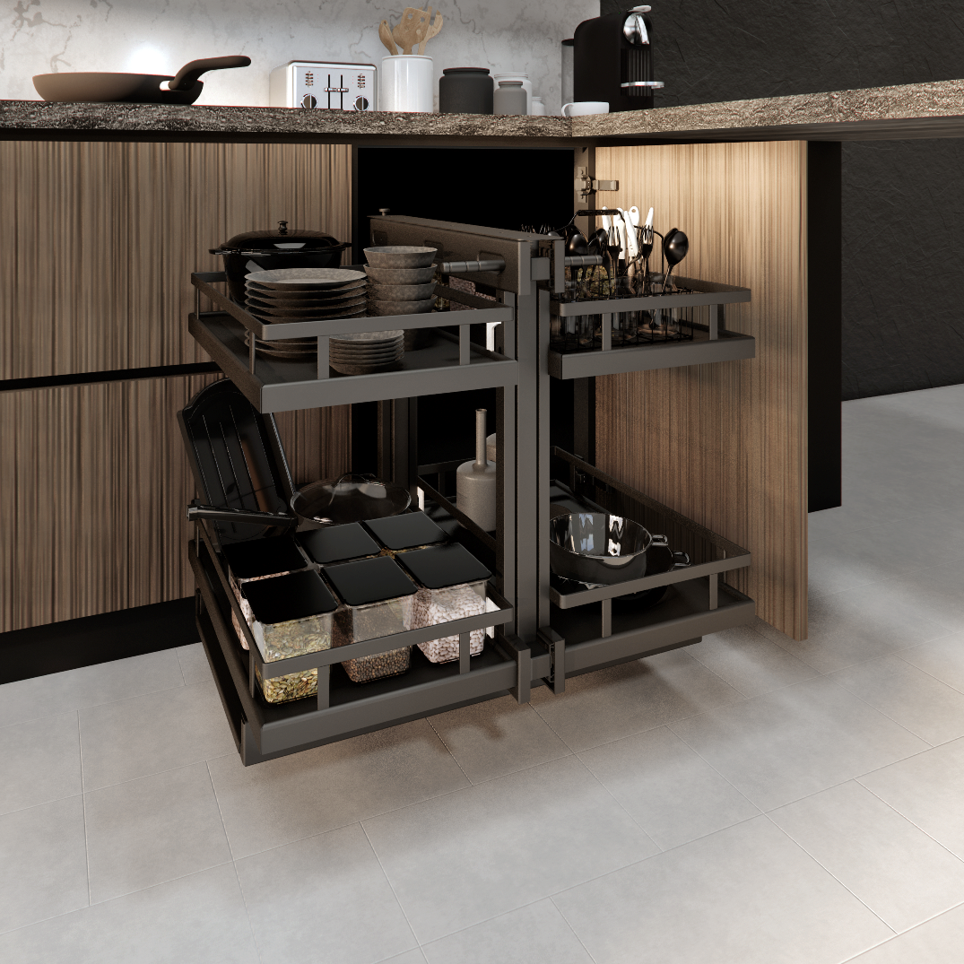 Angoli Morti Matte Black SUS304 Magic Slimline Pull Out Kitchen Basket System 2+2