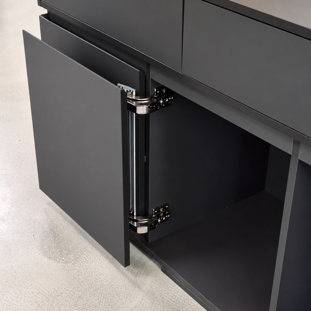 Battente bus-style cabinet door hinge set with two linked hinge bodies, connecting strip and base plates