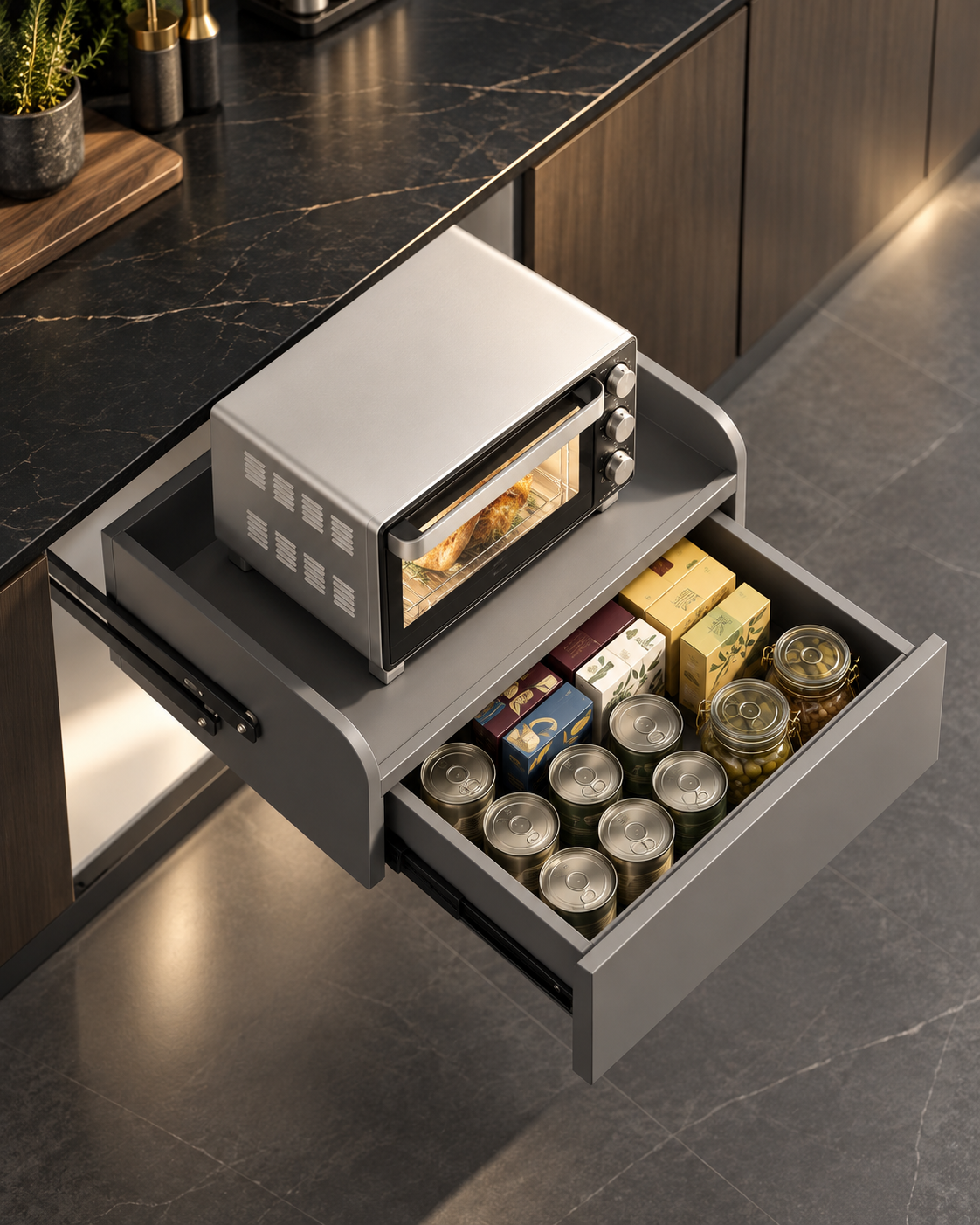 Podio lift platform with a toaster oven on top and its storage drawer open below, top view