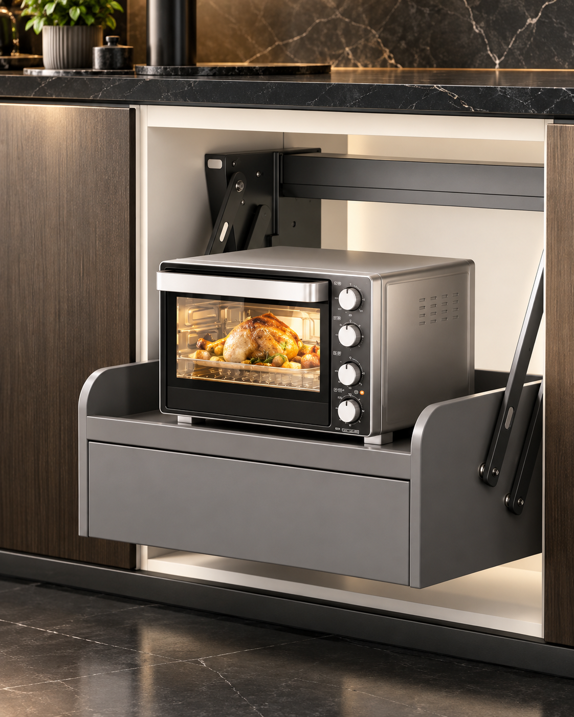 Podio lift platform raised out of the base cabinet with a toaster oven, front view