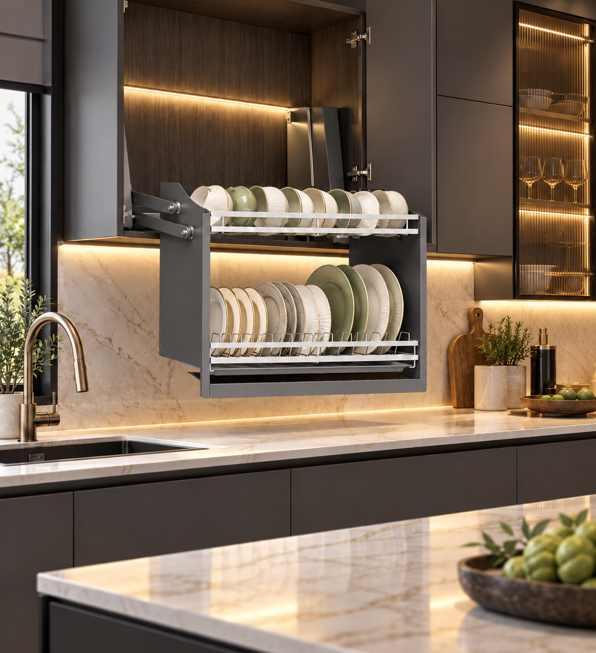 Excel Vaseria One Touch dish rack lift lowered above the kitchen sink, holding plates on two tiers