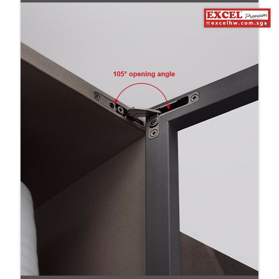Close-up of a concealed top hinge joining a cabinet to a black aluminium glass door frame, opening to 105°