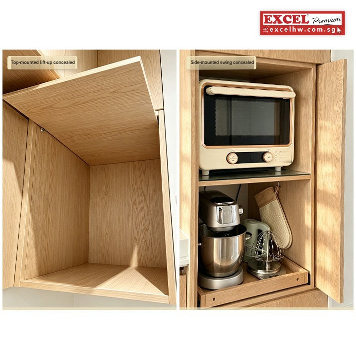 Wooden cabinet with the door flipped upward and retracted into the top of the cabinet