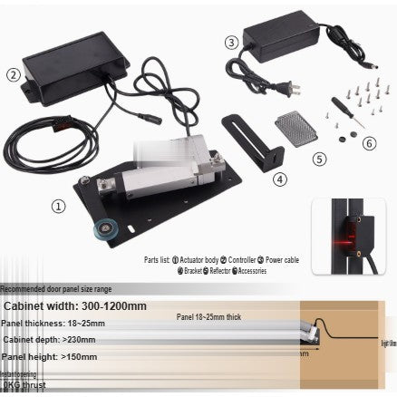 Cabinet door opener kit with linear actuator on mounting plate, controller, power adapter, bracket, reflector and screws