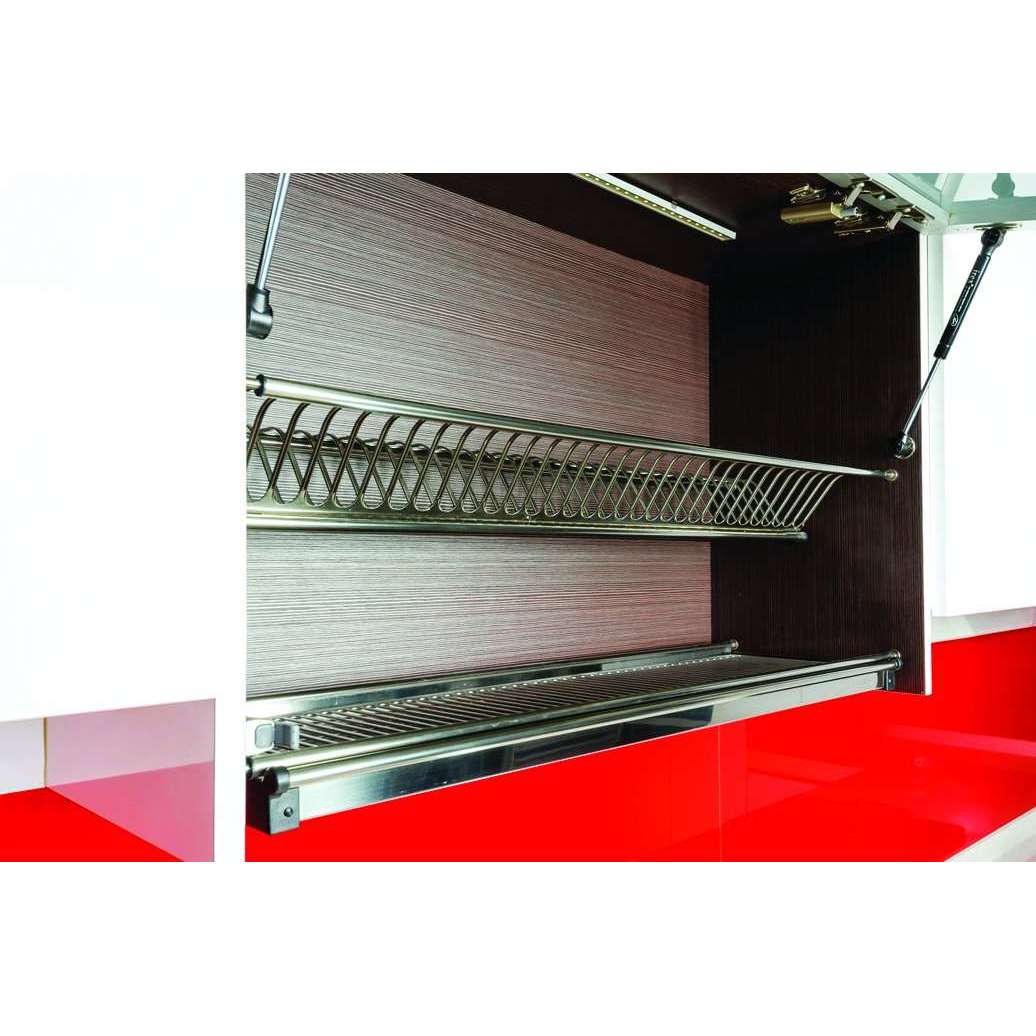 Cipriana 2-tier dish rack in an open wall cabinet above a red countertop