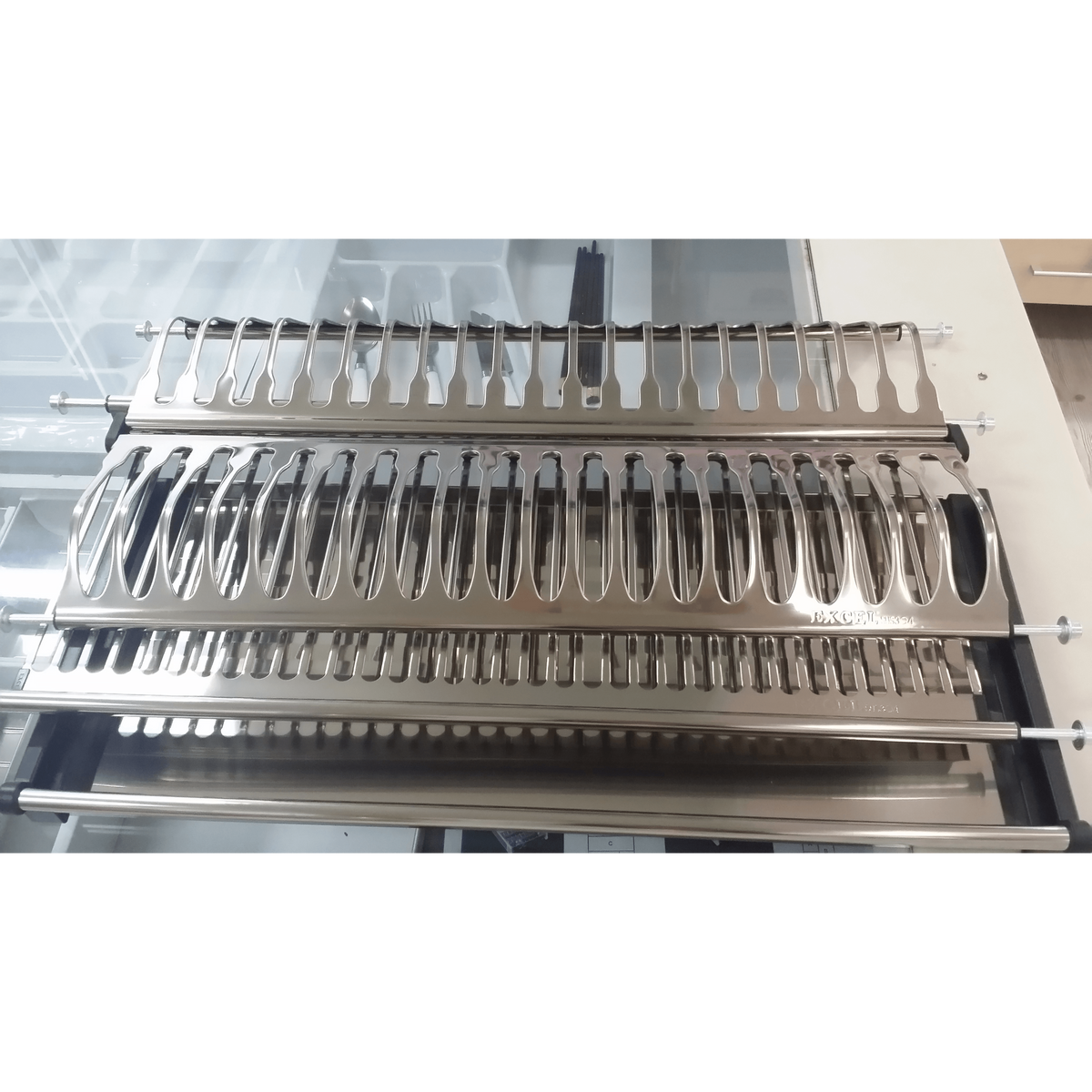 Polished chrome Cipriana 2-tier dish rack laid flat, showing both tiers from above